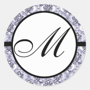 Kanji fo Love Monogram Wedding Purple Damask Classic Round Sticker