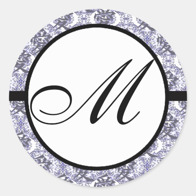 Kanji fo Love Monogram Wedding Purple Damask Classic Round Sticker (Front)