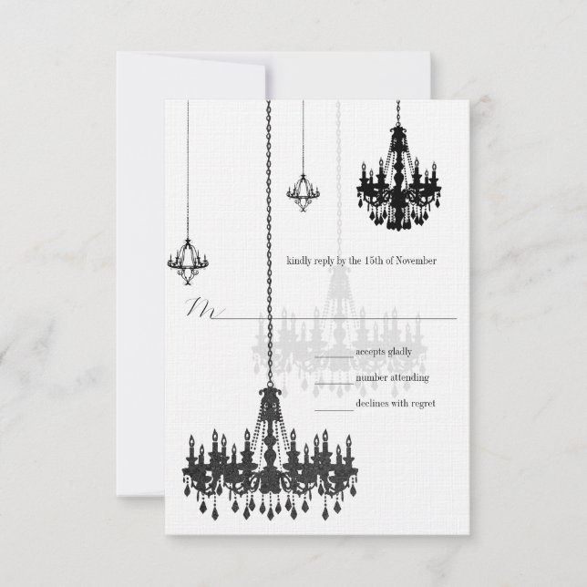 Kanji for Love 7 Black Chandeliers Wedding RSVP (Front)