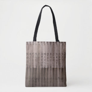 Kanji text on board tote bag