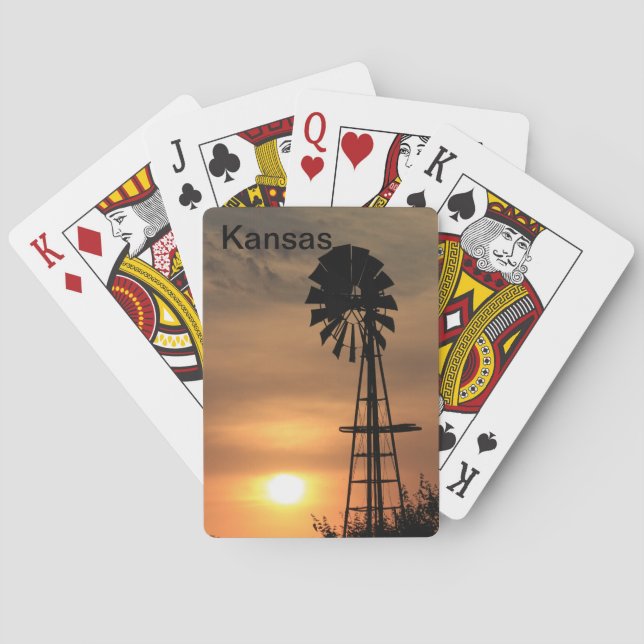 Kansas Blazing orange Sunset with a Windmill  Playing Cards (Back)