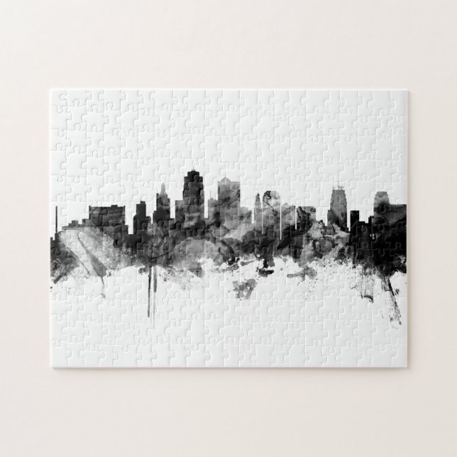 Kansas City Missouri Skyline Black White Jigsaw Puzzle (Horizontal)