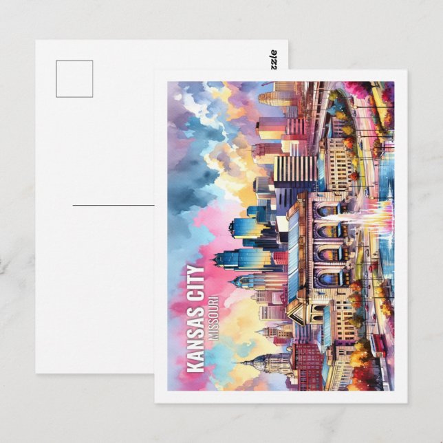 Kansas City Missouri USA Famous Place watercolor Postcard (Front/Back)