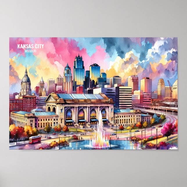 Kansas City Missouri USA Travel Places watercolor Poster (Front)