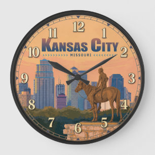 Kansas City Missouri Vintage Skyline Scout Statue Large Clock