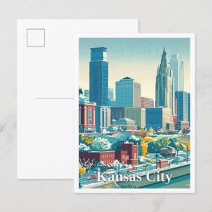 Kansas City USA Art Vintage Travel Illustration Postcard