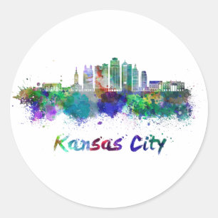 Kansas City V2 skyline in watercolor Classic Round Sticker