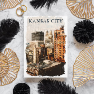Kansas City Vintage Travel Watercolor Postcard