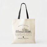 Kansas City Wedding | Stylised Skyline Tote Bag<br><div class="desc">A unique wedding tote bag for a wedding taking place in the beautiful city of Kansas City.  This tote features a stylised illustration of the city's unique skyline with its name underneath.  This is followed by your wedding day information in a matching open-lined style.</div>