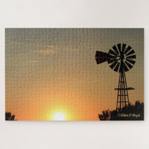 Kansas Colorful Sunset,Windmill with Clouds Puzzle