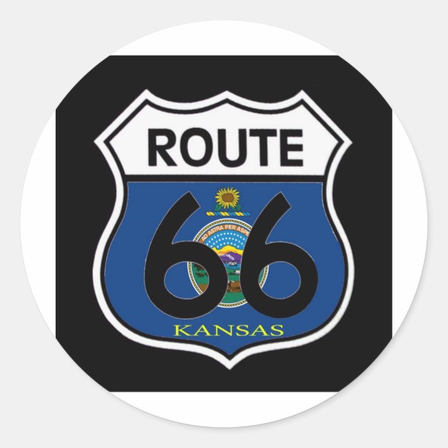 Kansas Flag Route 66 Shield Classic Round Sticker (Front)