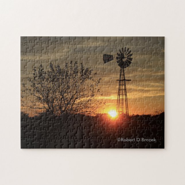 Kansas Golden Sky with Windmill Silhouette Puzzle (Horizontal)