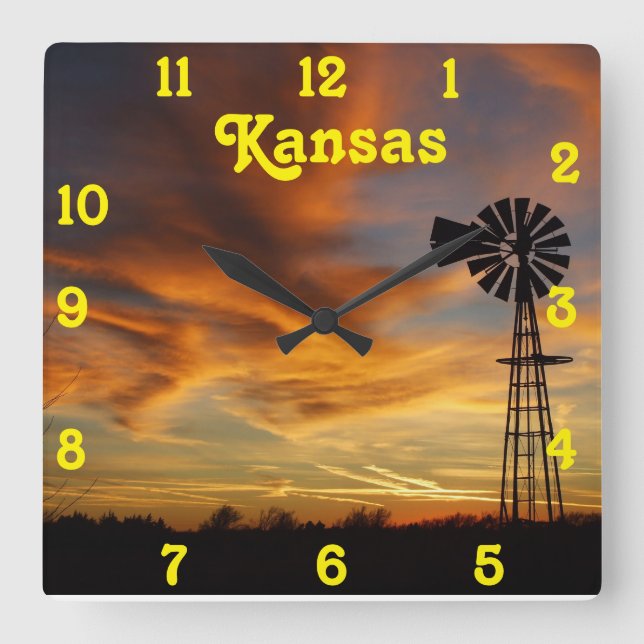 Kansas Golden Sunset Square Wall Clock (Front)
