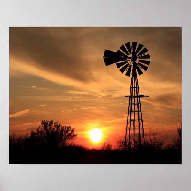 Kansas Golden Sunset with a Windmill silhouette Poster (Front)