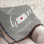 Kansas Home State Personalised Throw Blanket<br><div class="desc">Show some home state pride with this cute rustic grey throw blanket featuring "home" in white calligraphy script lettering with a silhouette map of the state of Kansas standing in for the letter "O." A red heart illustration inside the state map completes the design; you can change the position of...</div>