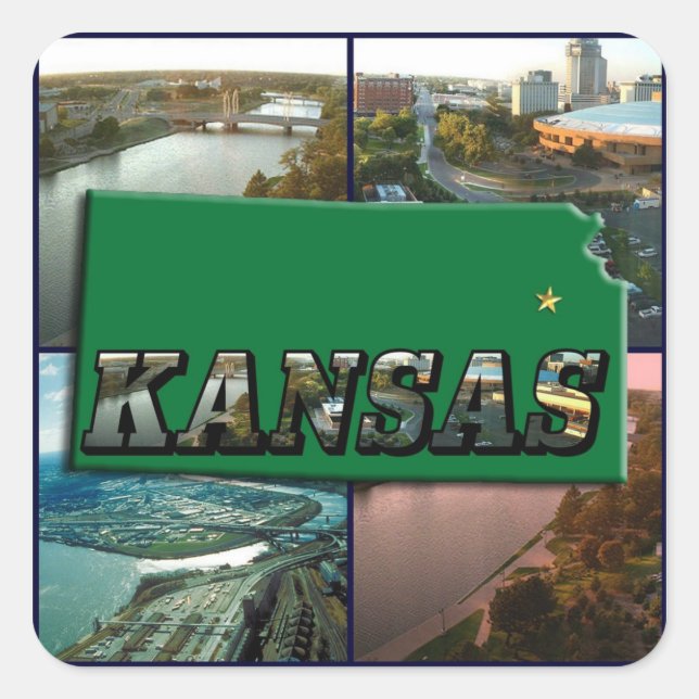 Kansas Map and Photos Square Sticker (Front)