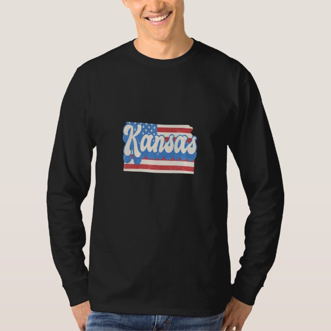 Kansas Map State American Flag 4th Of July Pride T-Shirt (Front)