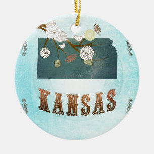 Kansas Map With Lovely Birds Ceramic Tree Decoration
