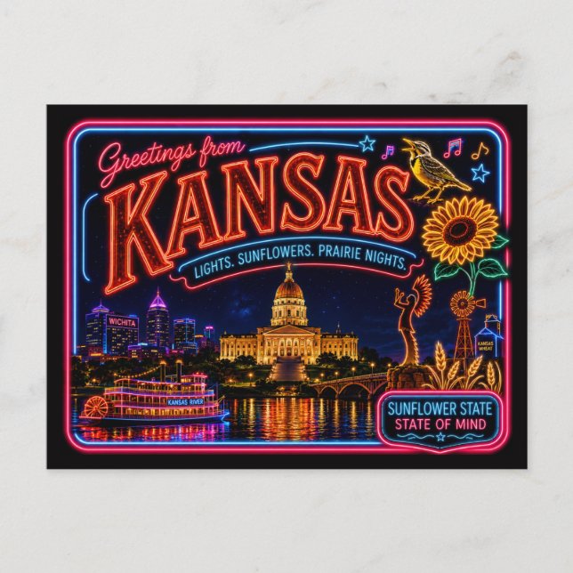 Kansas Neon State Retro Vintage Postcard (Front)