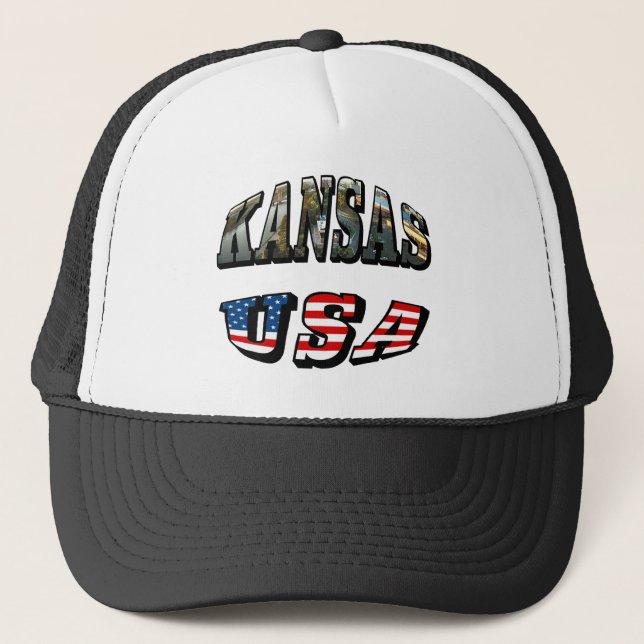 Kansas Picture and USA Flag Font Trucker Hat (Front)