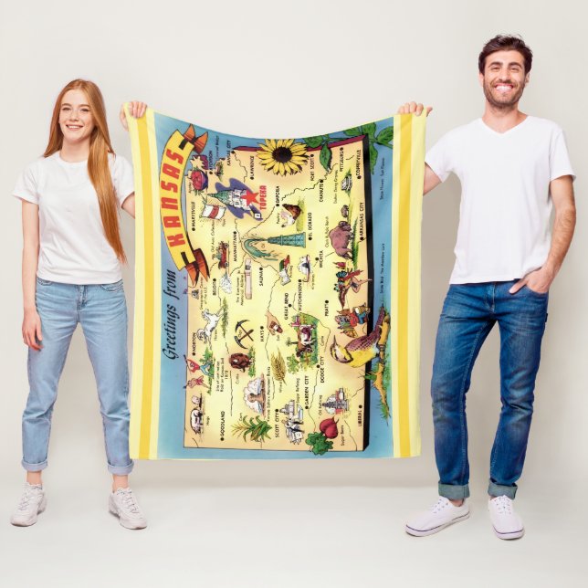Kansas Postcard Map Throw Fleece Blanket (In Situ)