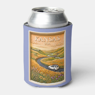 Kansas Prairie Road Trip Vintage Travel Landscape Can Cooler