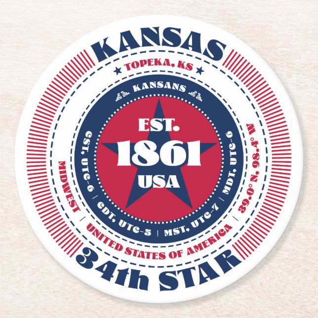 Kansas Red White Blue Typography Round Paper Coaster (Front)
