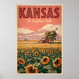 Kansas Sunflowers Illustration Travel Art Vintage Poster
