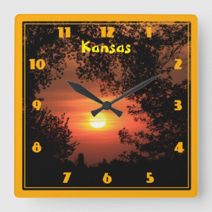 Kansas Sunset Silhouette Square Wall Clock