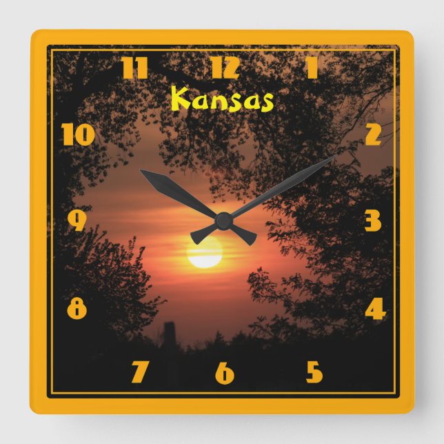 Kansas Sunset Silhouette Square Wall Clock (Front)