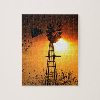 Kansas Sunset with farm Windmill silhouette Jigsaw Jigsaw Puzzle