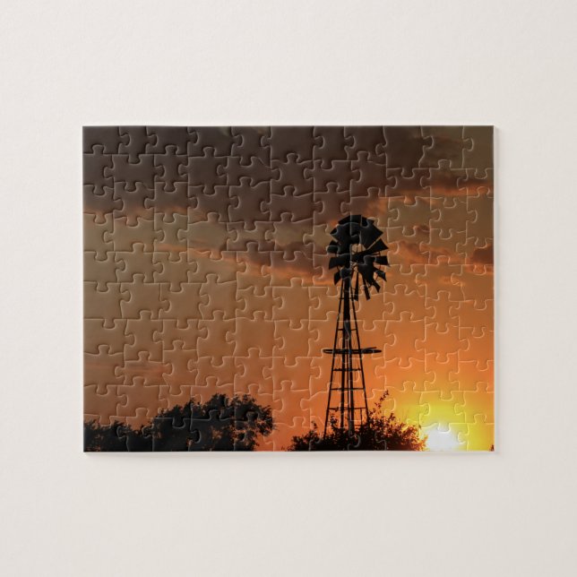 Kansas Sunset with farm Windmill silhouette Jigsaw Jigsaw Puzzle (Horizontal)