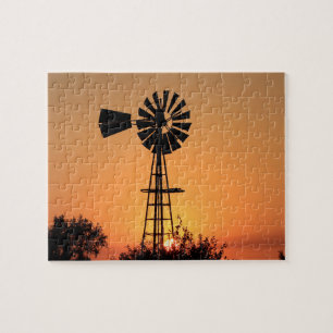 Kansas Sunset with farm Windmill silhouette Jigsaw Puzzle