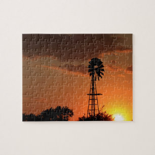 Kansas Sunset with farm Windmill silhouette Jigsaw Puzzle