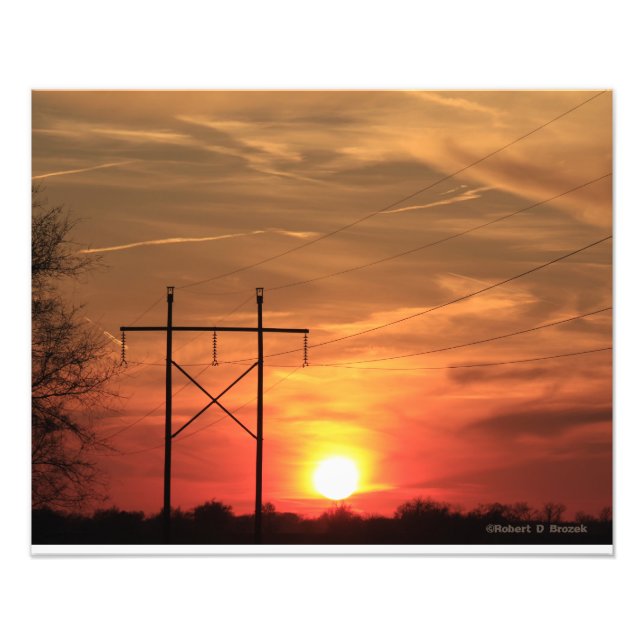 Kansas Sunset with power lines Photo Enlargement (Front)