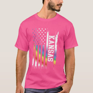 Kansas United States Distressed Rainbow w US Flag T-Shirt