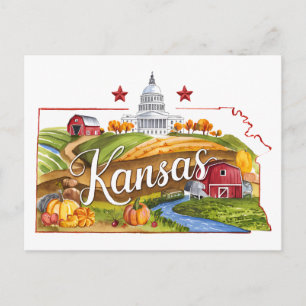 Kansas USA State Shaped Vintage Watercolor  Postcard