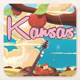 Kansas vintage cartoon travel poster square paper coaster