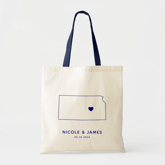 Kansas Wedding Welcome Bag Tote, Navy Blue Map (Front)
