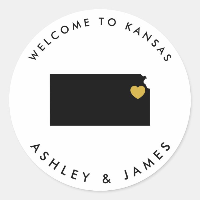 Kansas Wedding Welcome Sticker Tag, Black & Gold (Front)