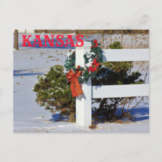 Kansas White Fence with a Bow and Snow.. POST CARD