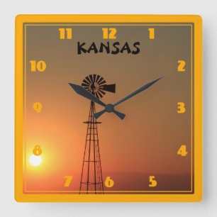 Kansas Windmill Silhouette Sunset Square Wall Clock