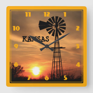 Kansas Windmill Silhouette Sunset Square Wall Clock