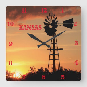 Kansas Windmill Silhouette Sunset Square Wall Clock