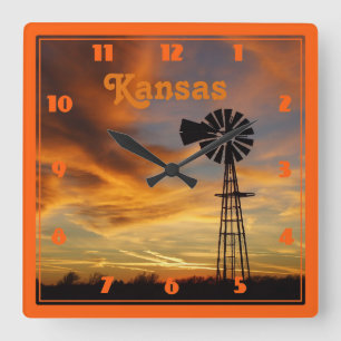 Kansas Windmill Silhouette Sunset Square Wall Clock