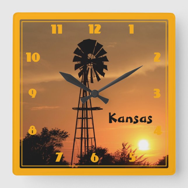 Kansas Windmill Silhouette Sunset Square Wall Clock (Front)