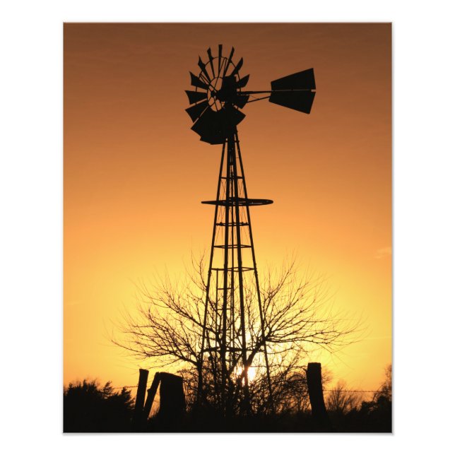 Kansas Windmill Silhouette Sunset with clouds Phot Photo Print (Front)