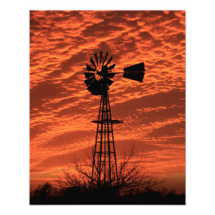 Kansas Windmill Silhouette Sunset with clouds Phot Photo Print