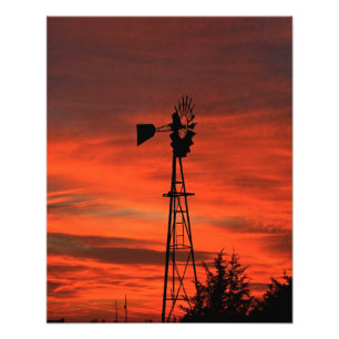Kansas Windmill Silhouette Sunset with clouds  Photo Print