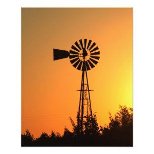 Kansas Windmill Silhouette Sunset with sky Photo Print